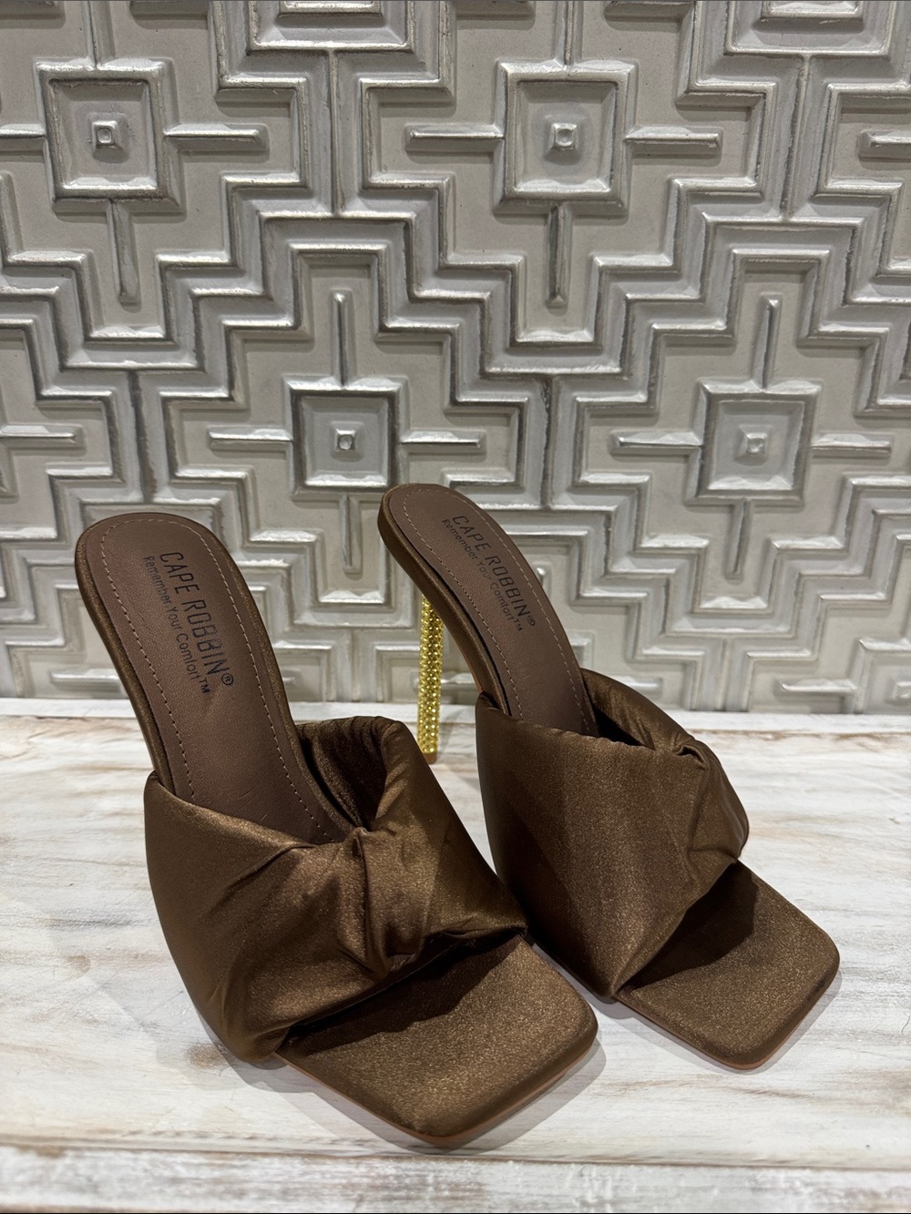 Cape Robbin Brown Satin Knot Mule with Gold Crystal Heel